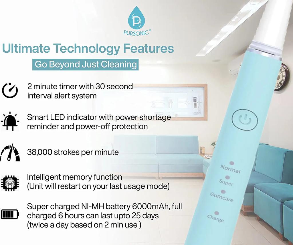 PURSONIC Pursonic Whitening USB Rechargeable Sonic Toothbrush-12 Brush Heads