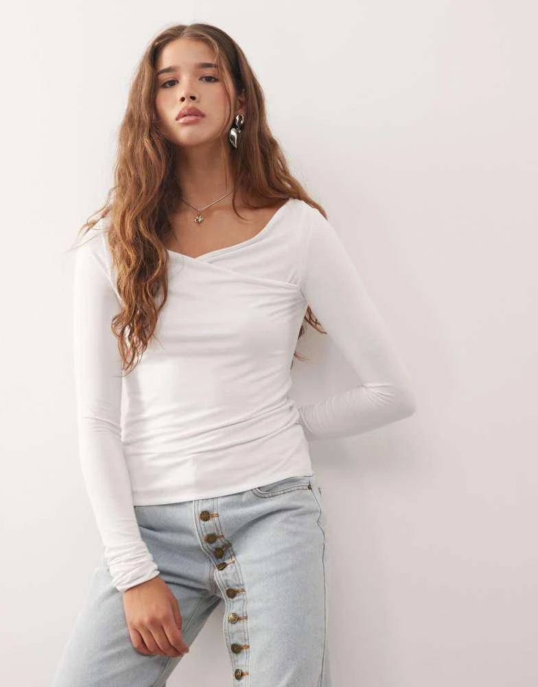 Weekday Weekday slim fit long sleeve wrap top in white
