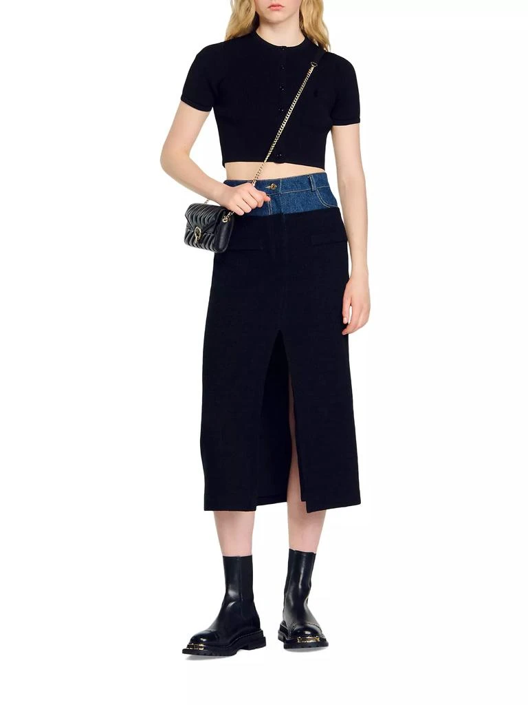 Sandro Dual-Material Denim and Tweed Skirt 6