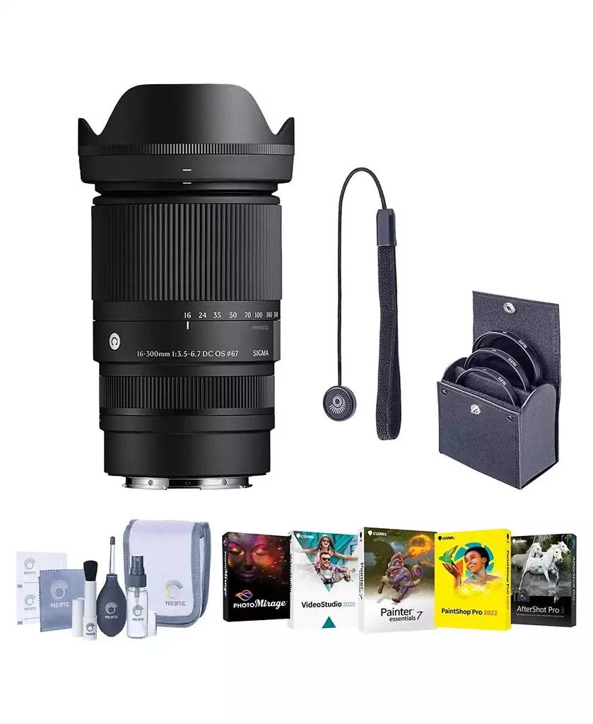 Sigma Beauty 16-300mm f/3.5-6.7 DC OS Contemporary Lens for Canon RF, Black Bundle with Universal Lens Cap Tether, Cleaning Kit, Software Kit for PC, License