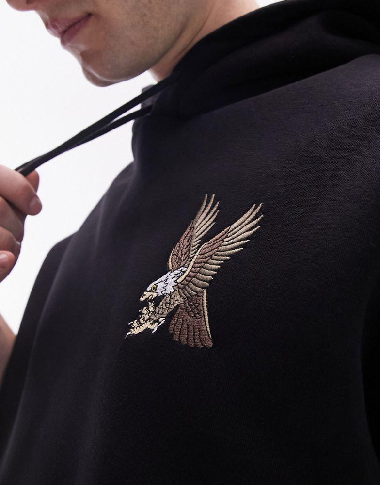 Topman Topman oversized fit hoodie with eagle tattoo embroidery in black