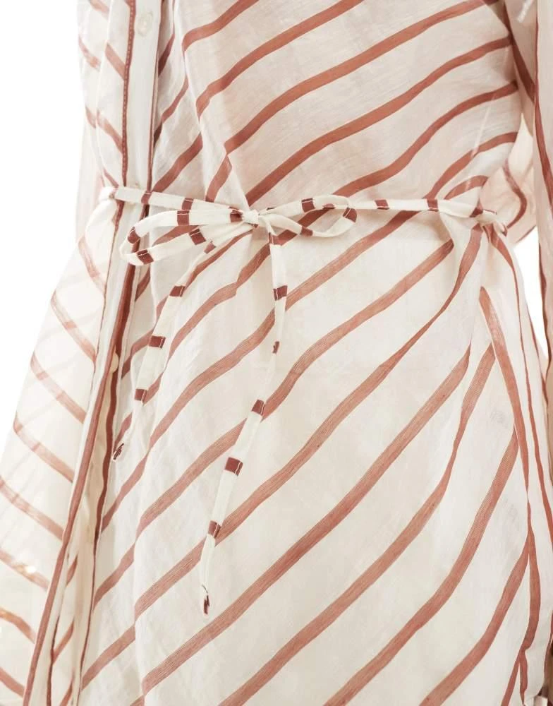 Mango Mango tie front stripe shirt in light brown 3