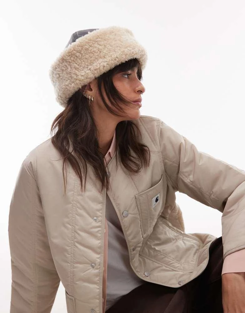 ARKET ARKET premium leather hat with faux shearling fold over lining in black and cream 3