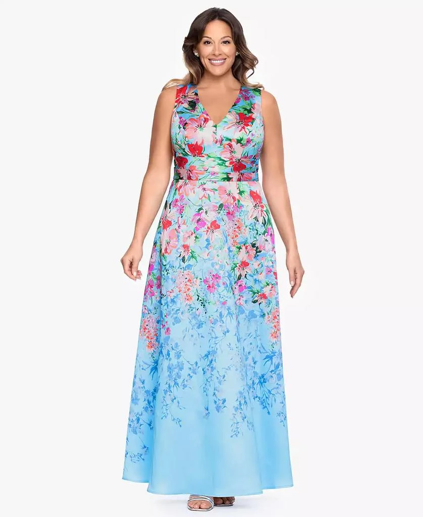 Betsy & Adam Plus Size Floral Print V-Neck Sleeveless Gown