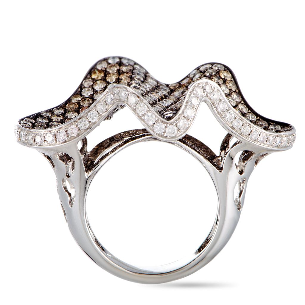 Non Branded 18K White Gold White and Brown Diamond Wave Ring