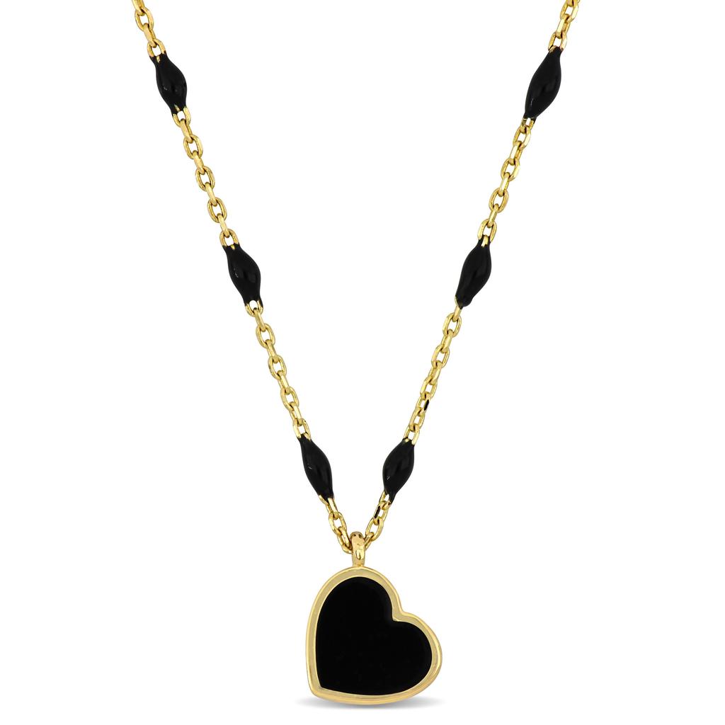 Mimi & Max Mimi & Max Black Enamel Heart Station Necklace in 14K Yellow Gold - 16+2 in