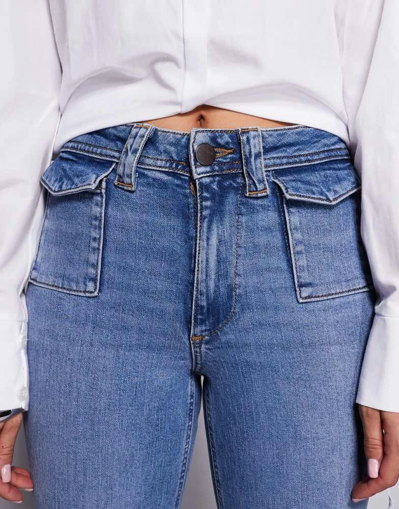 River Island River Island petite high rise pocket detail flare jeans in light denim 4