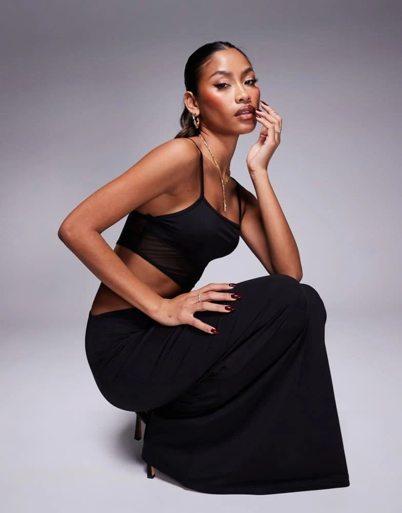 black evening dresses for plus size women Black Cutout Ring Strappy Maxi Dress with Gold Chain Detail 10