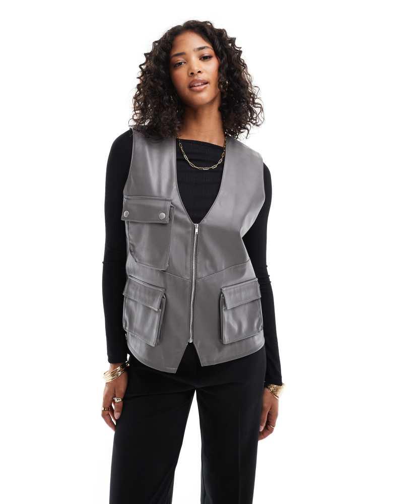 ASOS ASOS DESIGN faux leather utility pocket detail gilet in grey