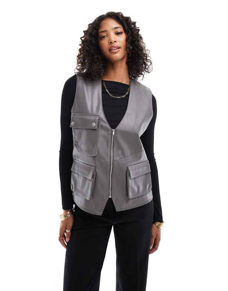 ASOS ASOS DESIGN faux leather utility pocket detail gilet in grey 1