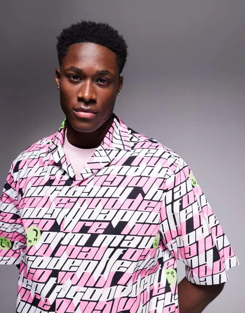 Hugo Blue Hugo Blue relaxed fit logo repeat printed shirt in pink 4
