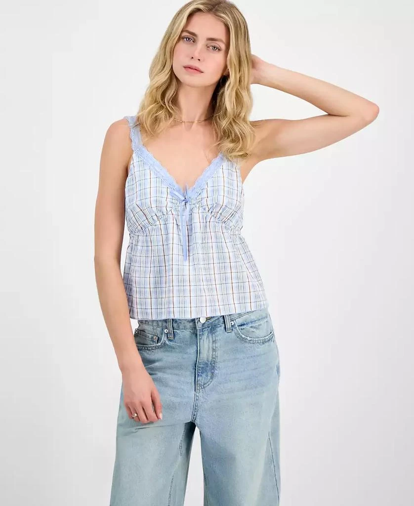 Madden Girl Juniors' Plaid Ribbon Babydoll Tank 1