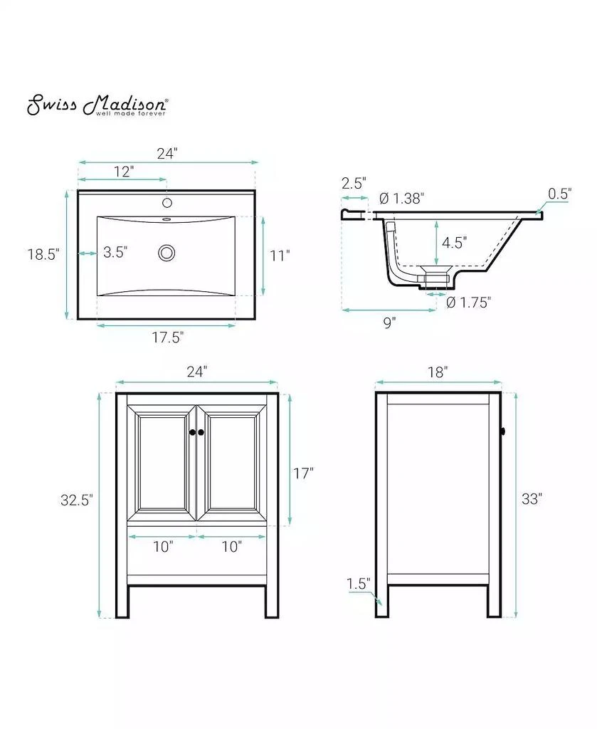 Swiss Madison 24" MDF Chateau  Freestanding Bathroom Vanity Sink Top 5