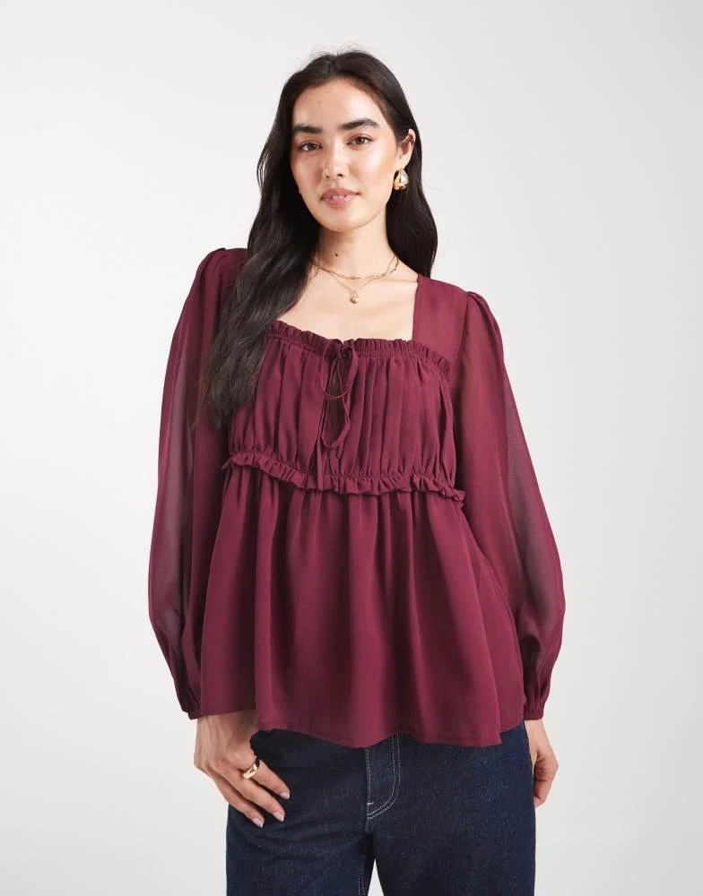 ASOS DESIGN sheer yoke ruched detail blouse in burgundy – On Sale Now ...