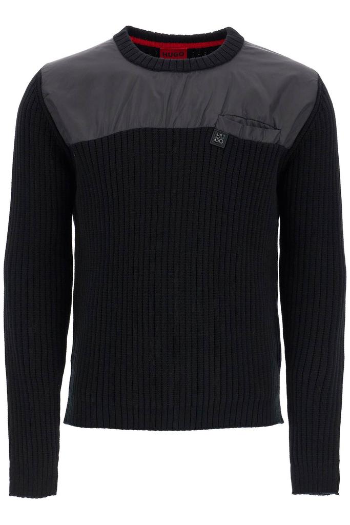 Hugo Boss men's black cotton sweater with round neck and pocket
