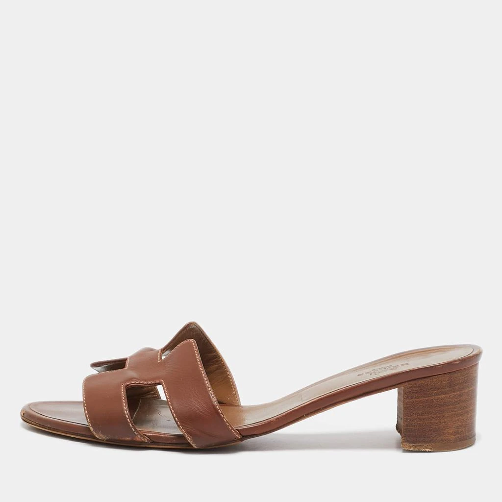 Hermes Hermes Brown Leather Oasis Block Heel Slide Sandals Size 41 1