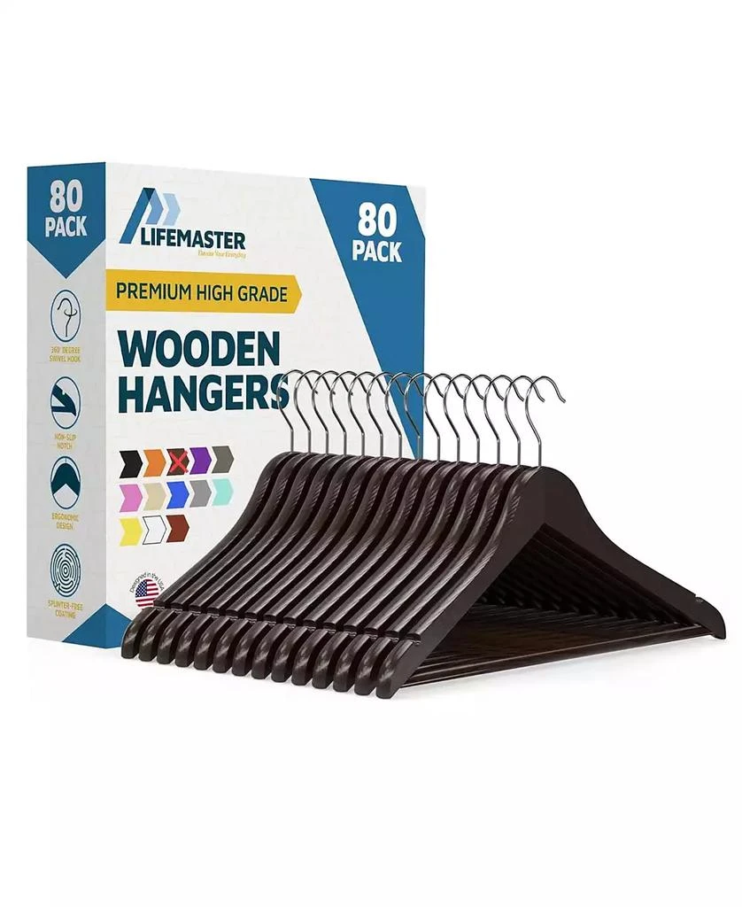 Lifemaster 80-pack brown wooden hangers with 360° swivel hook, non-slip notches, and pants bar. Supports up to 10 lbs—ideal for suits, dresses 
coats