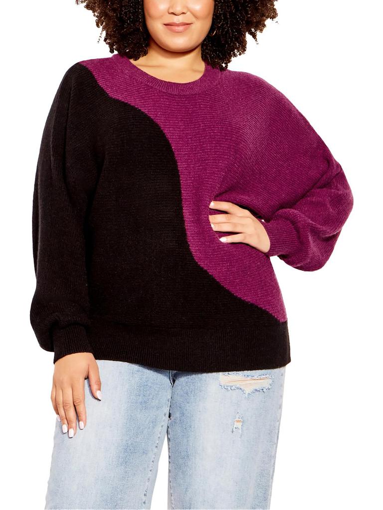 City Chic Plus Womens Knit Colorblock Crewneck Sweater