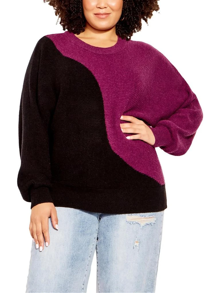City Chic Plus Womens Knit Colorblock Crewneck Sweater 1