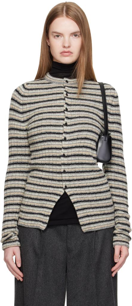 AURALEE Gray Shetland Wool Cashmere Rib Knit Crew-Neck Cardigan