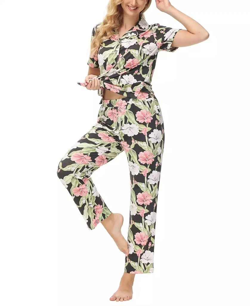 Echo Design Women's 2 Piece Printed Short Sleeve Notch Top with Pants Pajama Set 7