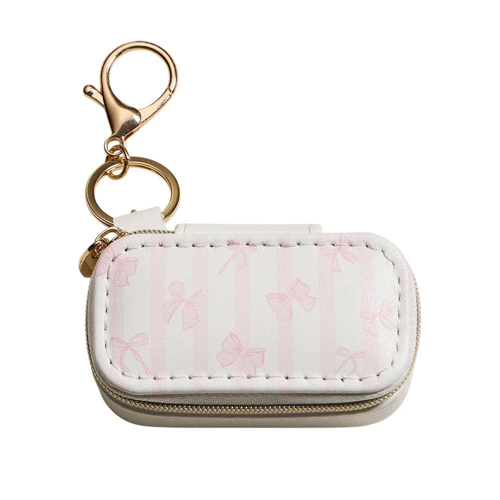 FASHNZFAB Bow Striped Pattern Printed Rectangular Travel Jewelry Case Keychain Bag Charm 2