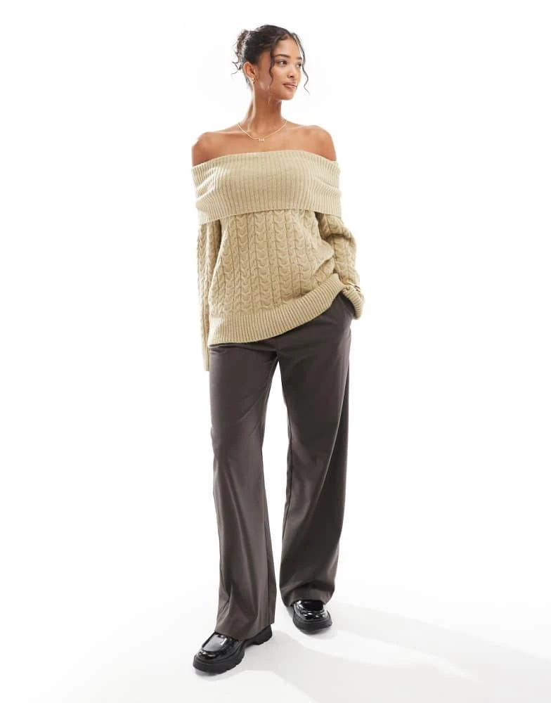 Bershka Bershka bardot cable knit jumper in khaki 4