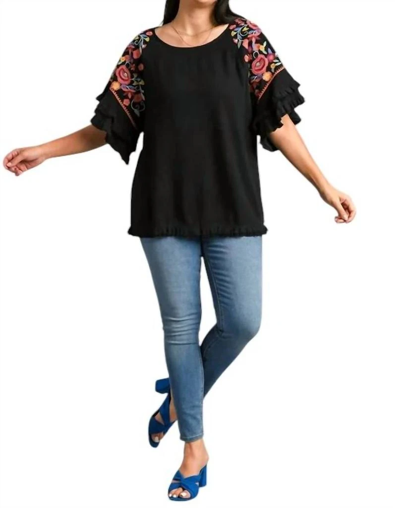 umgee Floral Embroidered Frayed Sleeve Blouse Plus In Black 1