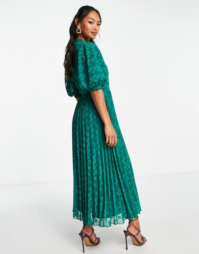 ASOS DESIGN ASOS DESIGN high neck pleated chevron dobby midi dress with puff sleeve in forest green 3