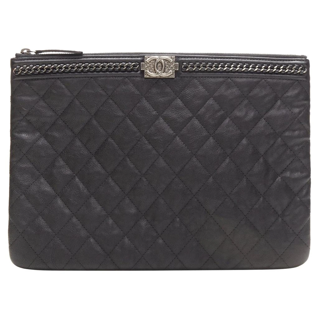 Chanel large boy o case quilted leather chain trim t pouch clutch bag 1