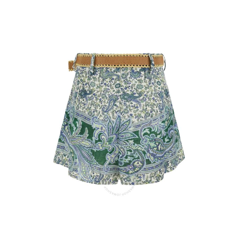 Zimmermann Ottie Paisley Print Belted Linen Shorts