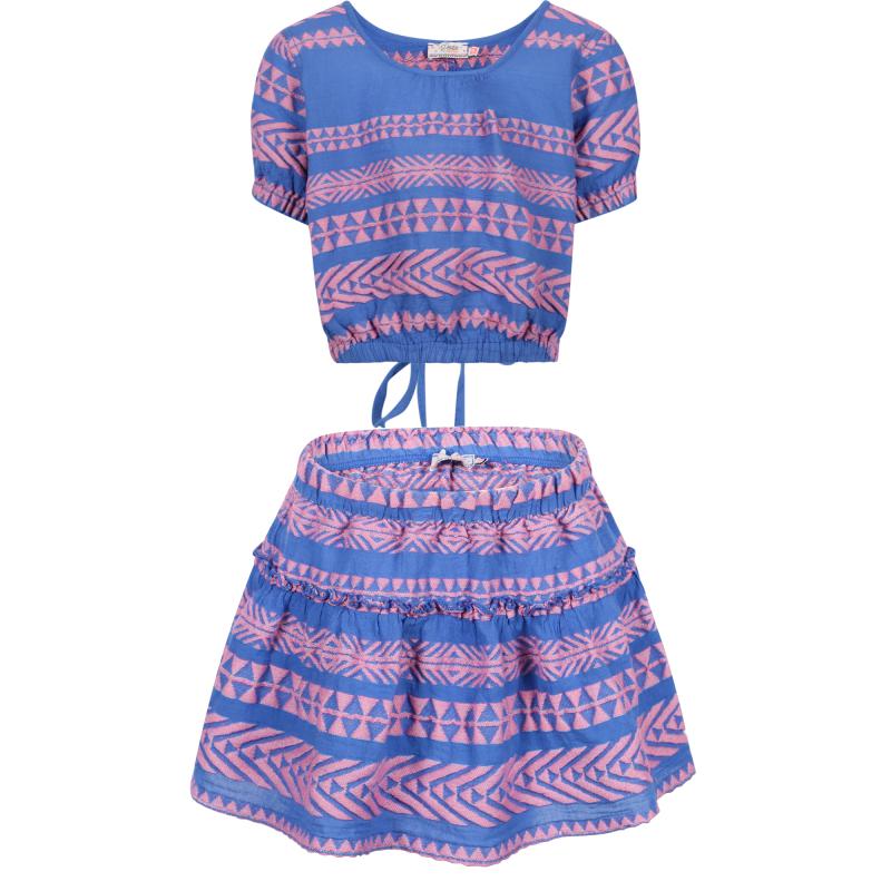 Devotion Geometric print open back blouse and skirt with shorties set in pink and blue
