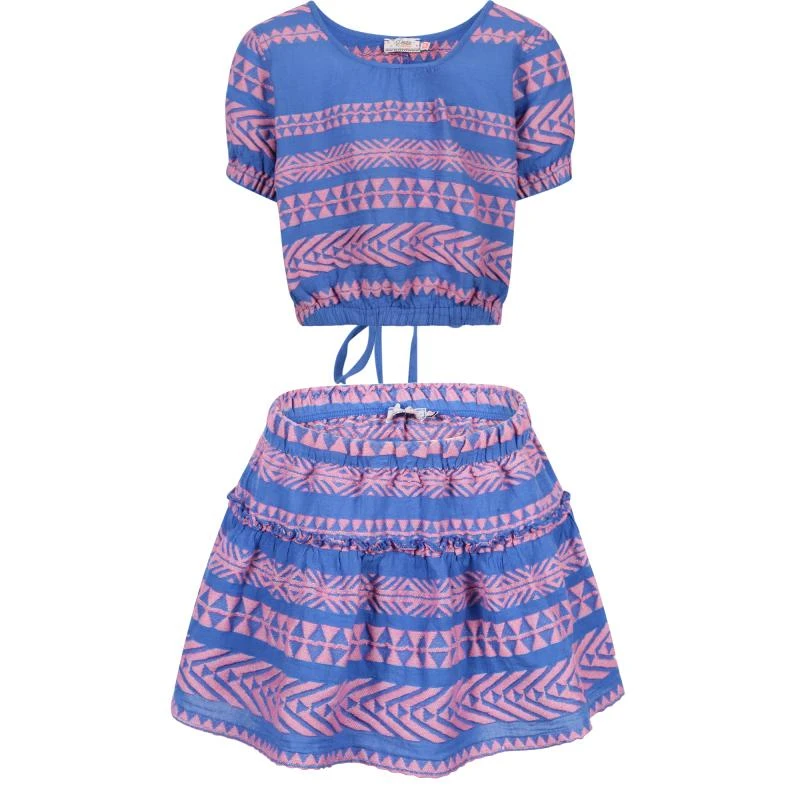 Devotion Geometric print open back blouse and skirt with shorties set in pink and blue from undefined
