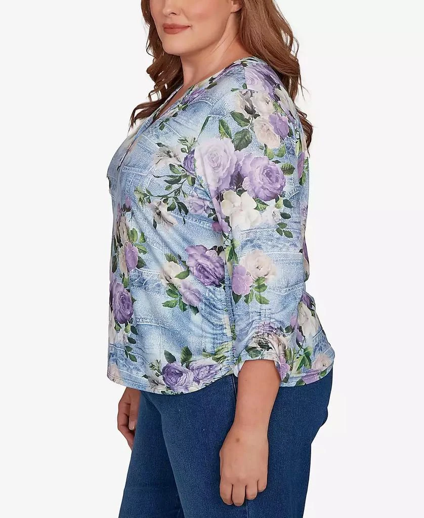 Alfred Dunner Plus Size Hilton Head Denim Floral Applique Henley Top 2