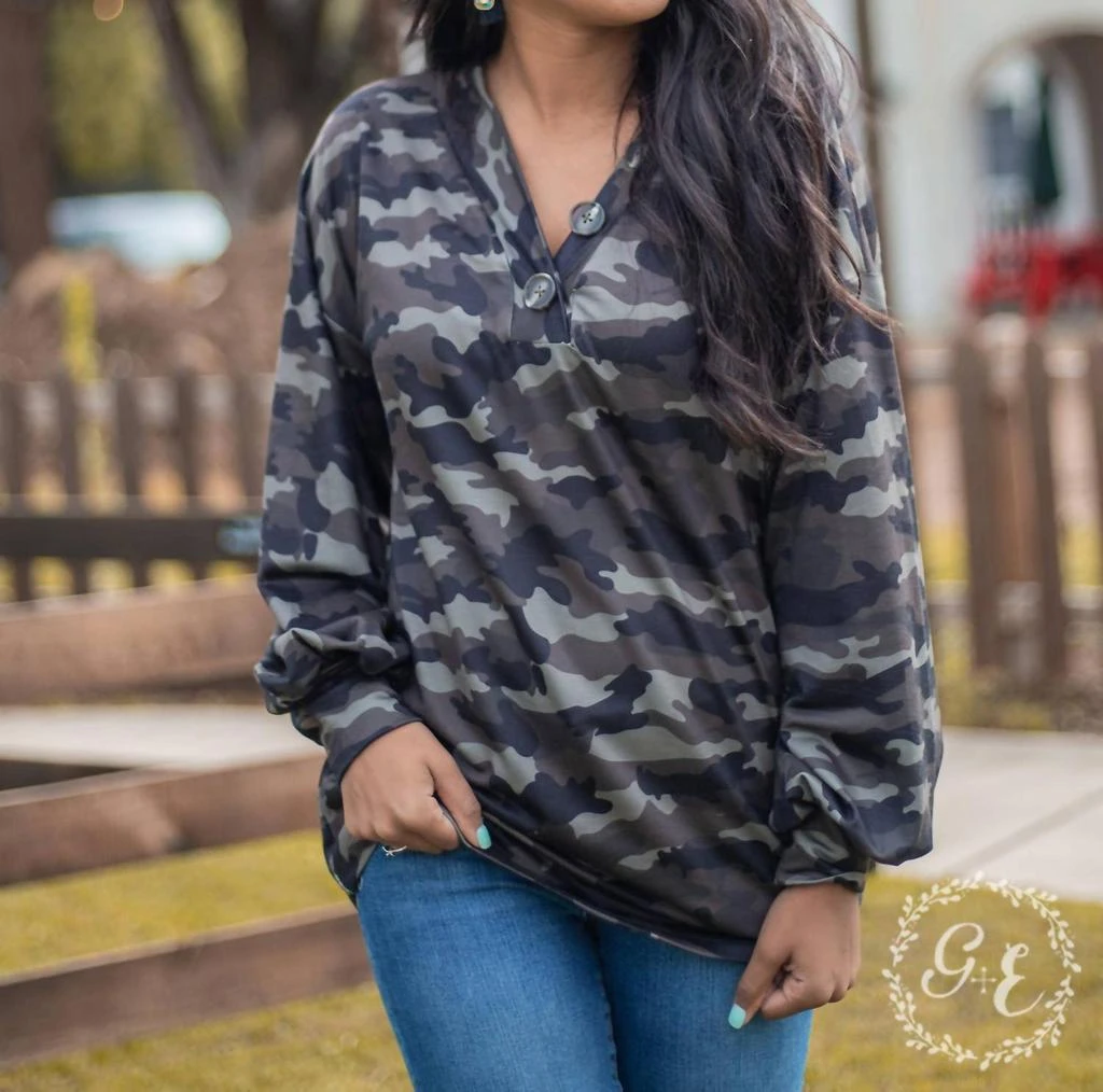 Southern Grace Since You Been Gone Pullover With Balloon Longsleeves And Buttons Top In Camouflage 1