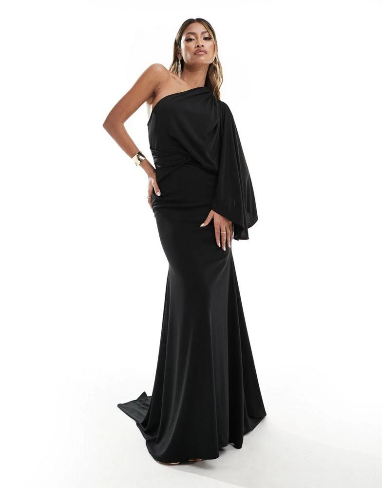 ASOS ASOS DESIGN one shoulder premium draped maxi dress with train detail in black 4