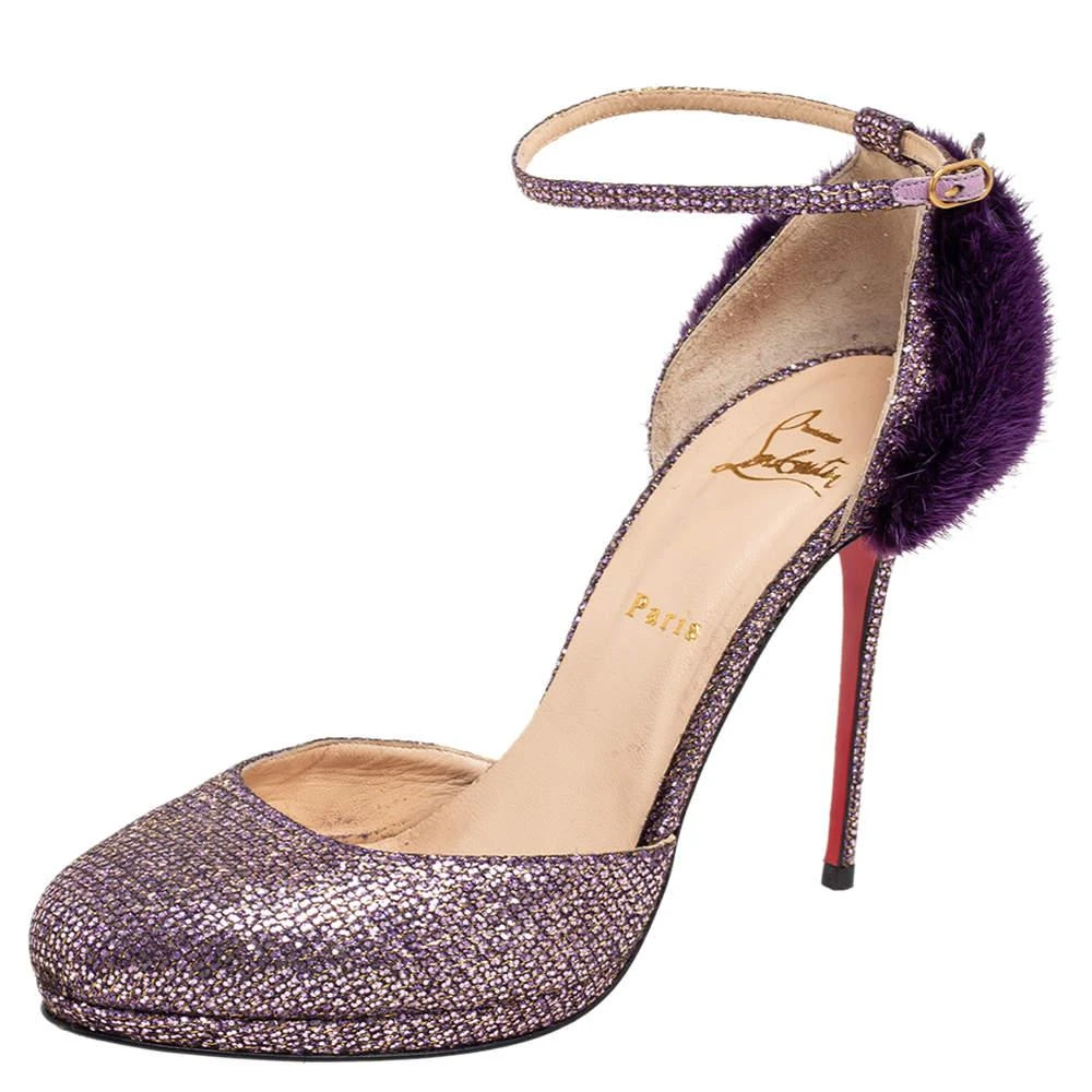 Christian Louboutin Christian Louboutin Purple Glitter Fabric/Mink Crazy Fur D'orsay Pump Size 39.5 1
