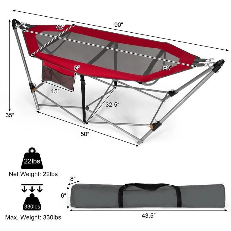 QuikFurn Red Portable Camping Foldable Hammock with Stand and Carry Case 4