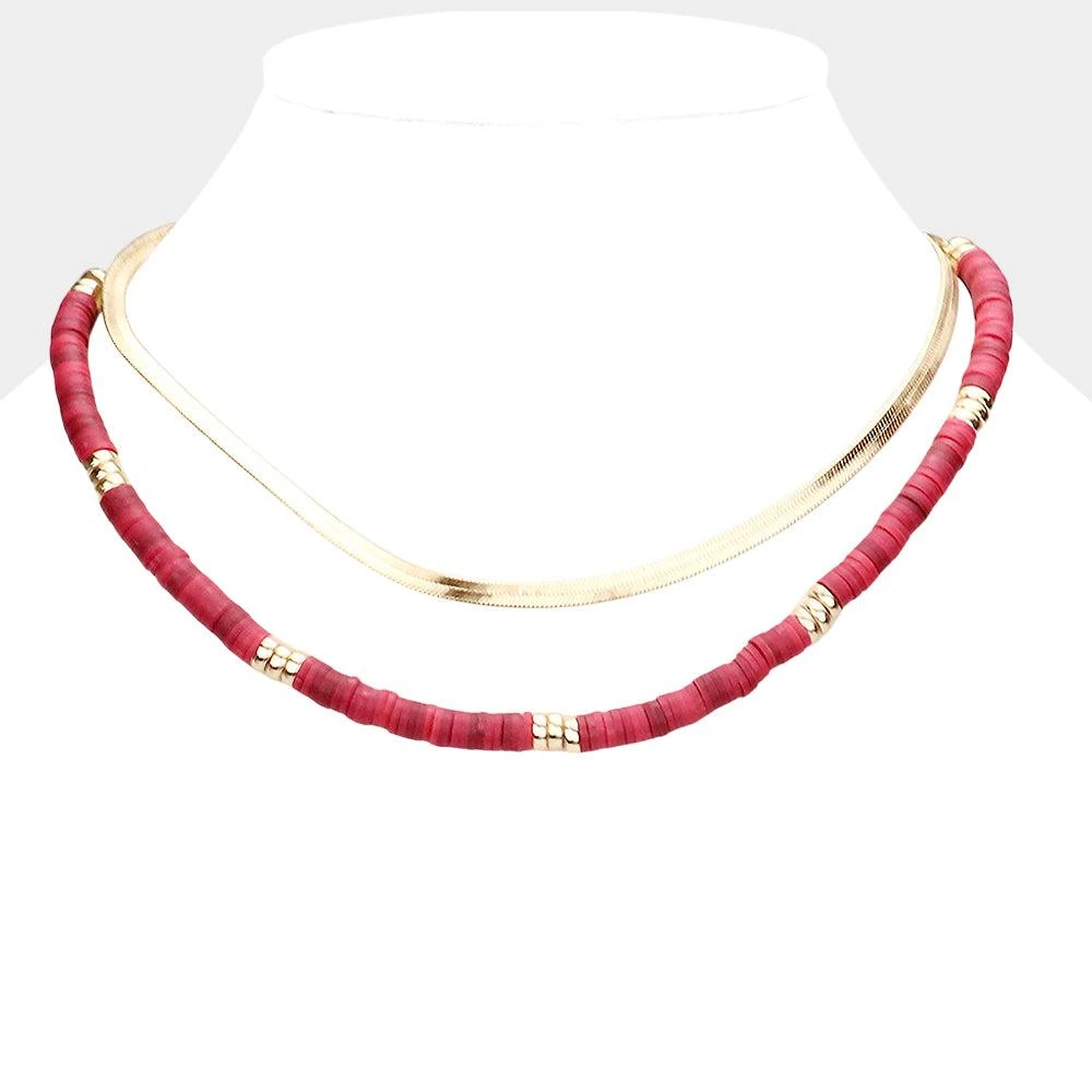 FASHNZFAB Metal Chain Heishi Beaded Double Layered Necklace