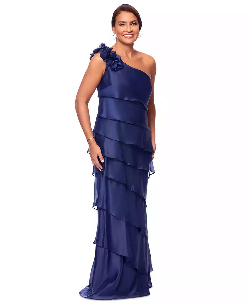 XSCAPE Petite One-Shoulder Tiered Satin Gown