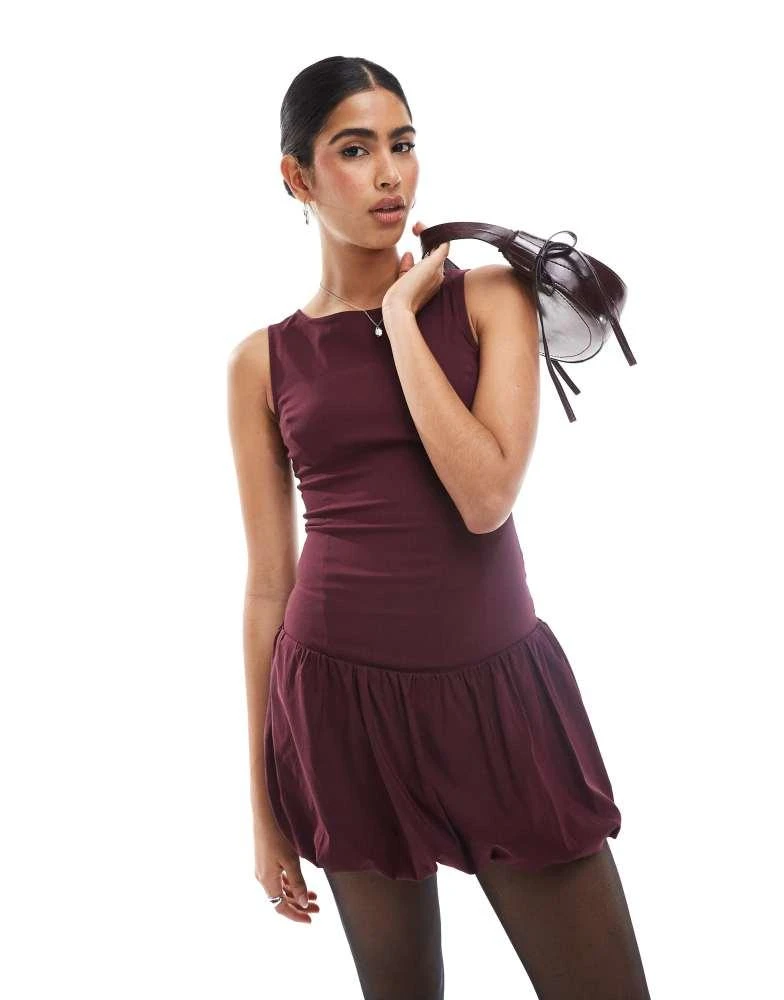 Bershka Bershka puffball hem mini dress in burgundy 3