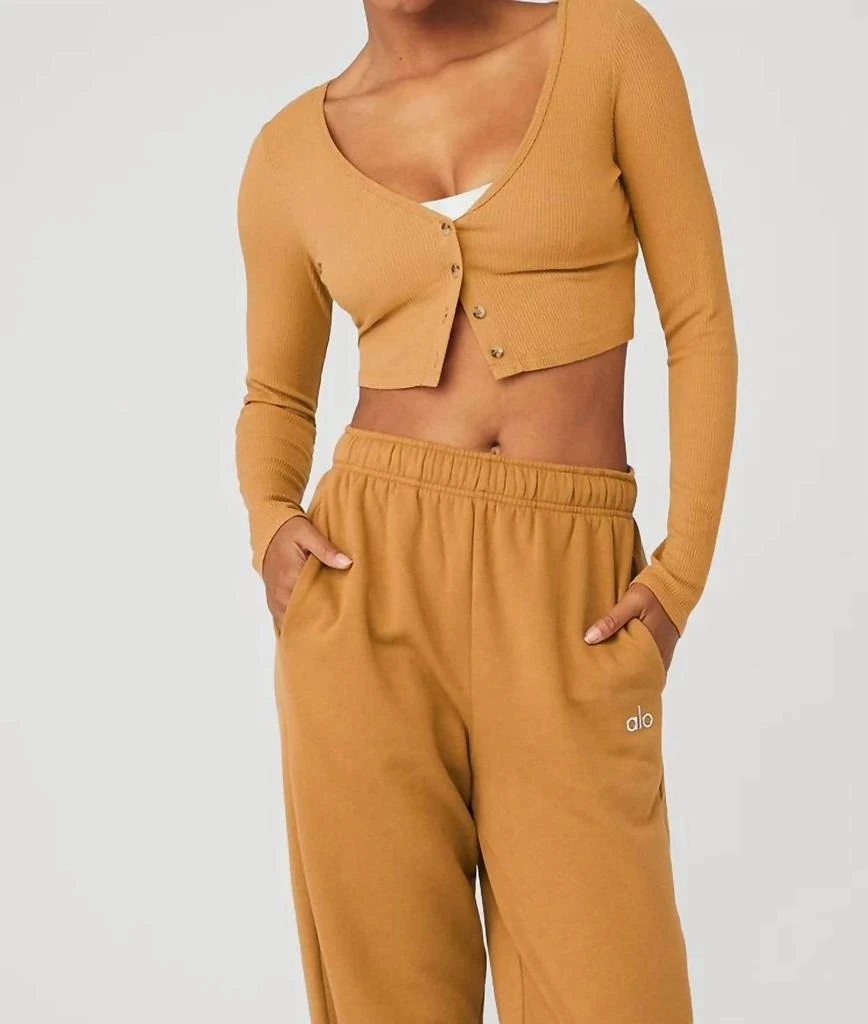 Alo Whisper Ribbed Cropped Cardigan Sweater In Toffee Brown 1