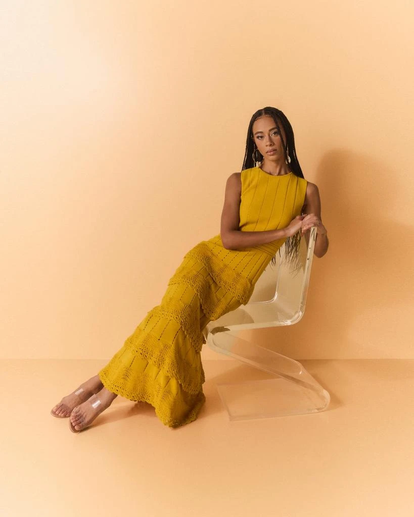 Shop Crochet Ruffle Pointelle Knit Sleeveless Midi Dress on Sale - Main Image