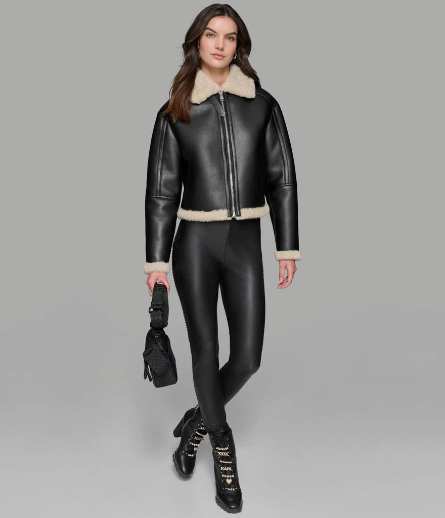 Karl Lagerfeld Paris CROPPED FAUX LEATHER JACKET WITH FAUX SHEARLING 8