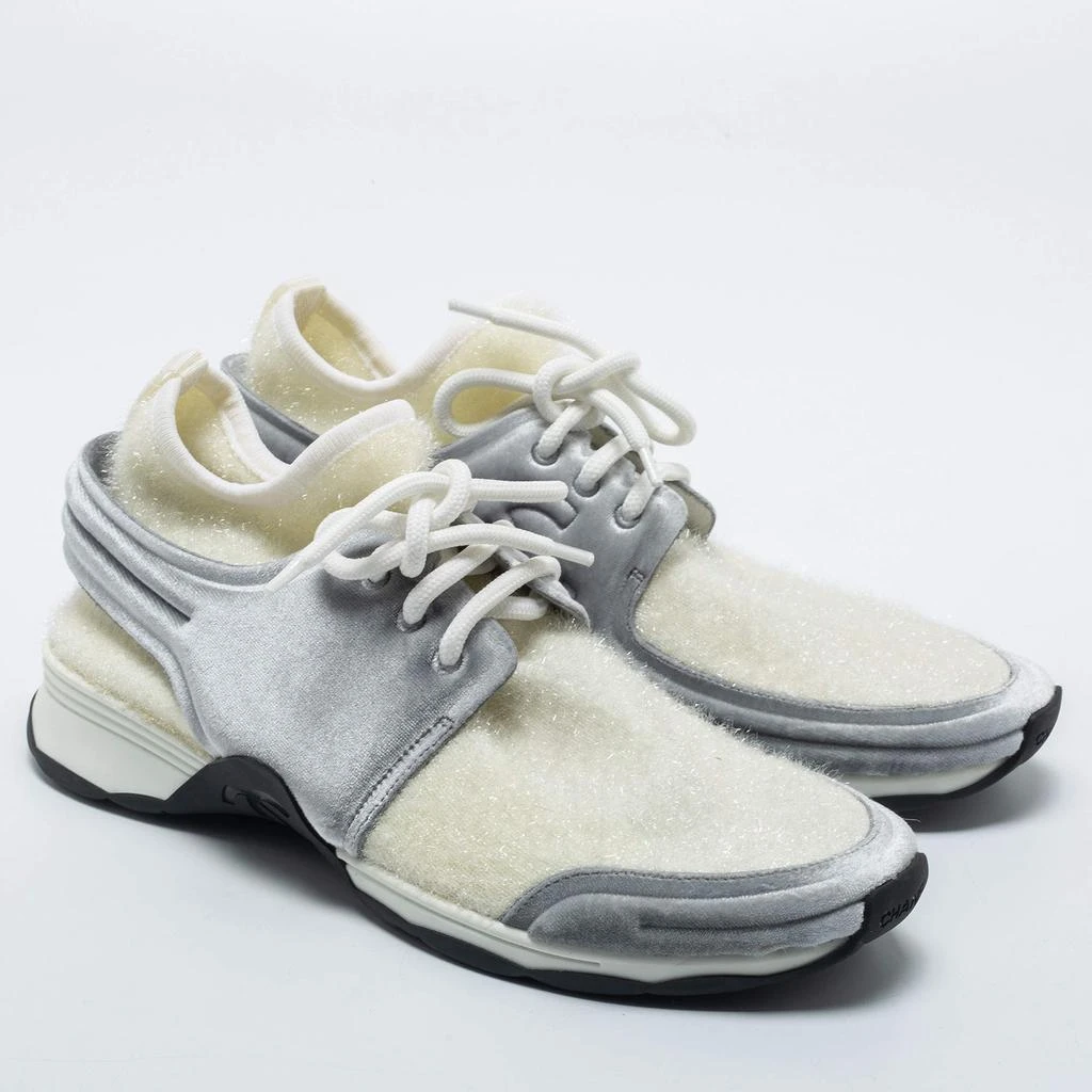 Chanel Chanel White/Grey Stretch Fabric and Corduroy CC Sneakers Size 40.5 4