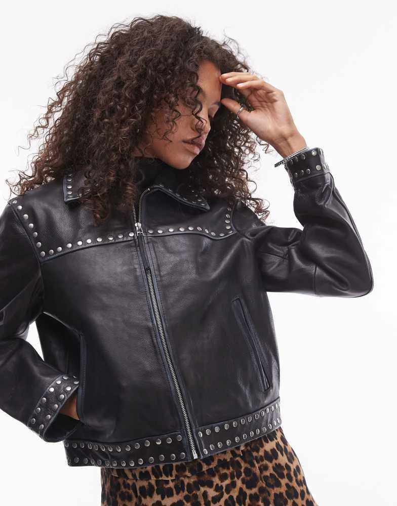 Mango Mango studded leather jacket in black 1