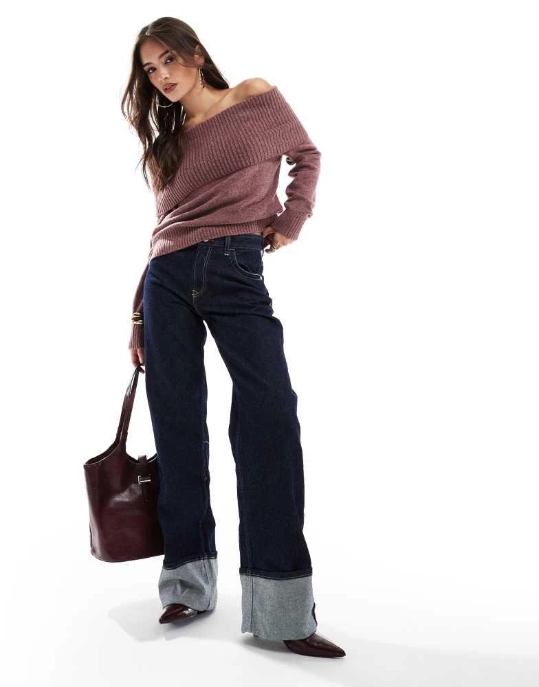 Pull&Bear Pull&Bear bardot knitted jumper in burgundy 2