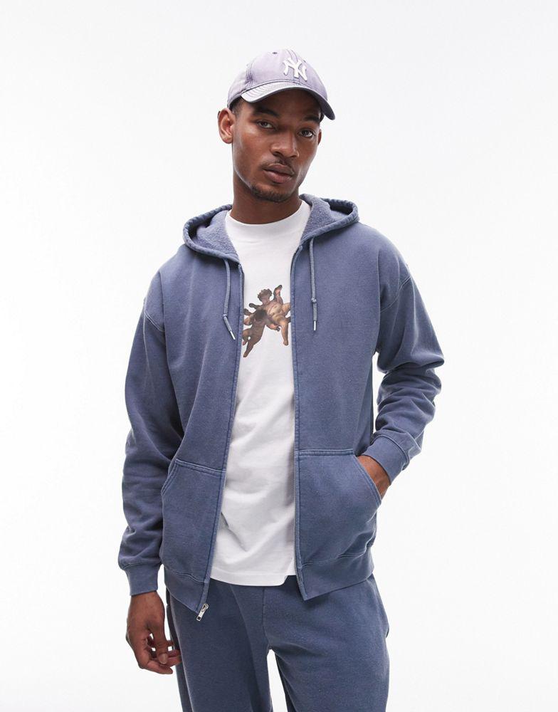 Topman Topman vintage wash zip through hoodie in blue