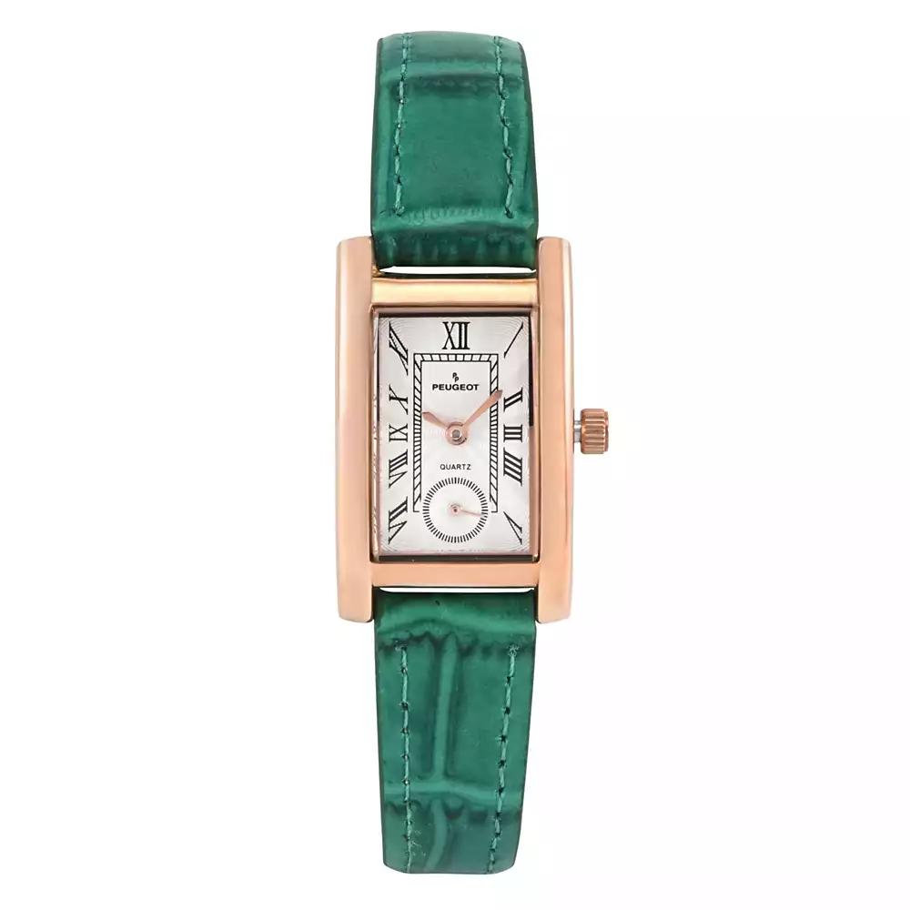 Peugeot Women's Contour Tank Shape Case Green Watch with Roman Numerals