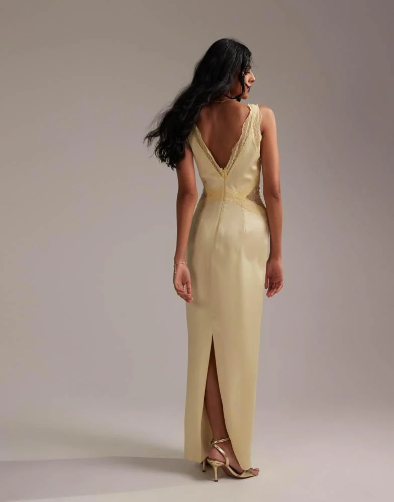 ASOS ASOS DESIGN Bridesmaids plunge neck lace detail satin column maxi dress in soft yellow 3